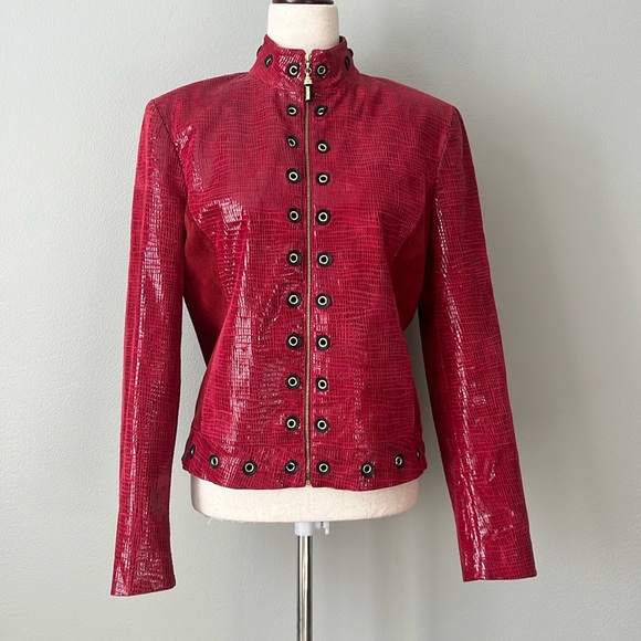 St John Couture Red Embossed Leather Jacket Grommet Moto Zip SZ 6-8